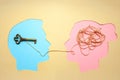 Two people communicate face to face, man and woman. Concept decoding and understanding problem, conflict