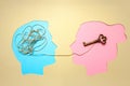 Two people communicate face to face, man and woman. Concept decoding and understanding problem or rational and irrational thinking