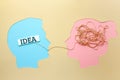 Two people communicate face to face, man and woman. Concept decoding and understanding problem or rational