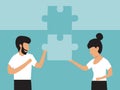 Two people connecting puzzle elements vector illustration. Teamworks puzzle cooperation. Business people pushing huge