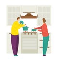 Two people cooking in kitchen together, one stirring a pot and another cutting vegetables. Home cooking and family time Royalty Free Stock Photo