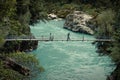 Two people crossing suspension bridge in Hokitika Gorge blue waters. New Zealand, South Island