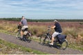 Two people cycling through blooming purple heath at Dutch Veluwe