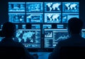 Two people in dark room watching multiple blue screens with world maps and data Royalty Free Stock Photo