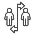 Two people divided with line and arrows line icon, social distancing concept, Sickness prevention sign on white