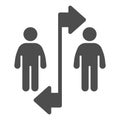 Two people divided with line and arrows solid icon, social distancing concept, Sickness prevention sign on white