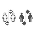 Two people divided with line and arrows line and solid icon, social distancing concept, Sickness prevention sign on