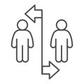 Two people divided with line and arrows thin line icon, social distancing concept, Sickness prevention sign on white