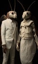 Two people dressed as insects in white suits, AI