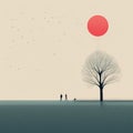 Ethereal Trees: A Darkly Romantic Illustration Of A Red Balloon In The Summer Sky Royalty Free Stock Photo