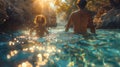 Two people enjoying the natural hot springs. Back view, golden hour sunlight with bokeh effect
