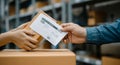 Two people exchange a package in a warehouse setting. One person holds a brown Royalty Free Stock Photo