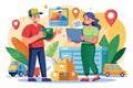 Two people are exchanging items and discussing deliveries in a colorful, animated environment, Get items from the popular delivery