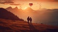 Two people exploring a mountain range and heart in background