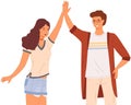 Two people giving high five, standing with hands together. Man and woman greeting each other Royalty Free Stock Photo