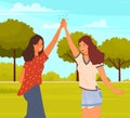 Women greeting each other. Female characters give five and rejoice standing with hands together