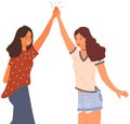 Women greeting each other. Female characters give five and rejoice standing with hands together Royalty Free Stock Photo