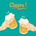 Two people hands holding beer glasses in the pub. Friends having fun clink mugs of beer at the party. Beer background concept for