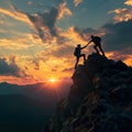 two of people helping each other reach the mountain top 1 Royalty Free Stock Photo