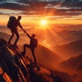 Two people helping each other up on a mountain at sunset. People helping and teamwork concept. Royalty Free Stock Photo