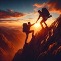 Two people helping each other up on a mountain at sunset. People helping and teamwork concept. Royalty Free Stock Photo