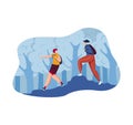 Two people are hiking on a forest trail. Woman with backpack leads man with pink hair on a hike. Adventure and