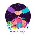 Two people hold hands against the background of a starry sky and bright flowers. Friendship, peace, love. Please Peace