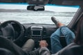 Car trip by cold sea in winter Royalty Free Stock Photo