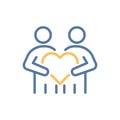 Two people holding heart icon. Love, compassion, unity, partnership. Vector thin line illustration. Editable stroke Royalty Free Stock Photo