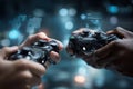 Two people holding video game controllers in a competitive gaming setup with digital overlays Royalty Free Stock Photo