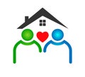 Two People home house sign with a hart shape logo linked. People team logo vector Royalty Free Stock Photo