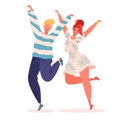 Vector illustration with couple of young joyful laughing people jumping with raised hands isolated on white background. Royalty Free Stock Photo