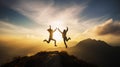 Two people jumping in the air on top of mountain with the sun in the background. Generative AI Royalty Free Stock Photo