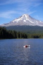 Two people in kayak at Trillium Lake view of Mount Hood