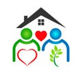 Two People logo linked. Home green leaf Family union home, love and care red heart vector illustration. Royalty Free Stock Photo