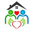 Two People logo linked. Home green leaf Family union home, love and care red heart vector illustration. Royalty Free Stock Photo
