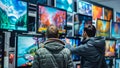 Two people looking at a wall of televisions in a store