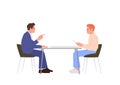 Two people male cartoon characters sitting at table having nice conversation isolated on white Royalty Free Stock Photo