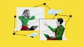 Two people, man and woman exchanging messages through web of links, illustrating digital connection, overwhelming of