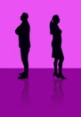 Two people - a man and a woman standing back to back in black silhouettes on purple color gradients with copy space. Royalty Free Stock Photo