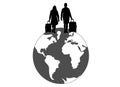 Two people man and woman with suitcases travel on world, silhouettes. Vector illustration