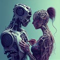 a woman and a robot looking at each other. Generative AI Royalty Free Stock Photo