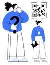 Two Individuals Interacting with QR Code for Digital Access and Problem-Solving Concept Royalty Free Stock Photo