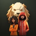 Minimalist 3d Character Of Lion And Karen: Low Poly, Intense Portraits