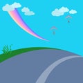 Two people parachute with rainbow and clounds in the sky nature landscape abstract background vector illustration