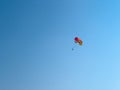 Two people parasailing with a parachute pulled by a boat on vacation at sunset Royalty Free Stock Photo