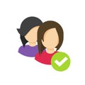 Two people with checkmark sign as community group or verified team member identity vector icon, flat cartoon couple