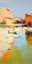 Vibrant Oil Landscape Painting Of People Walking Through A River