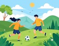 Two people playing soccer in a sunny hilly landscape Royalty Free Stock Photo