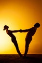 Two people practicing yoga in the sunset light Royalty Free Stock Photo